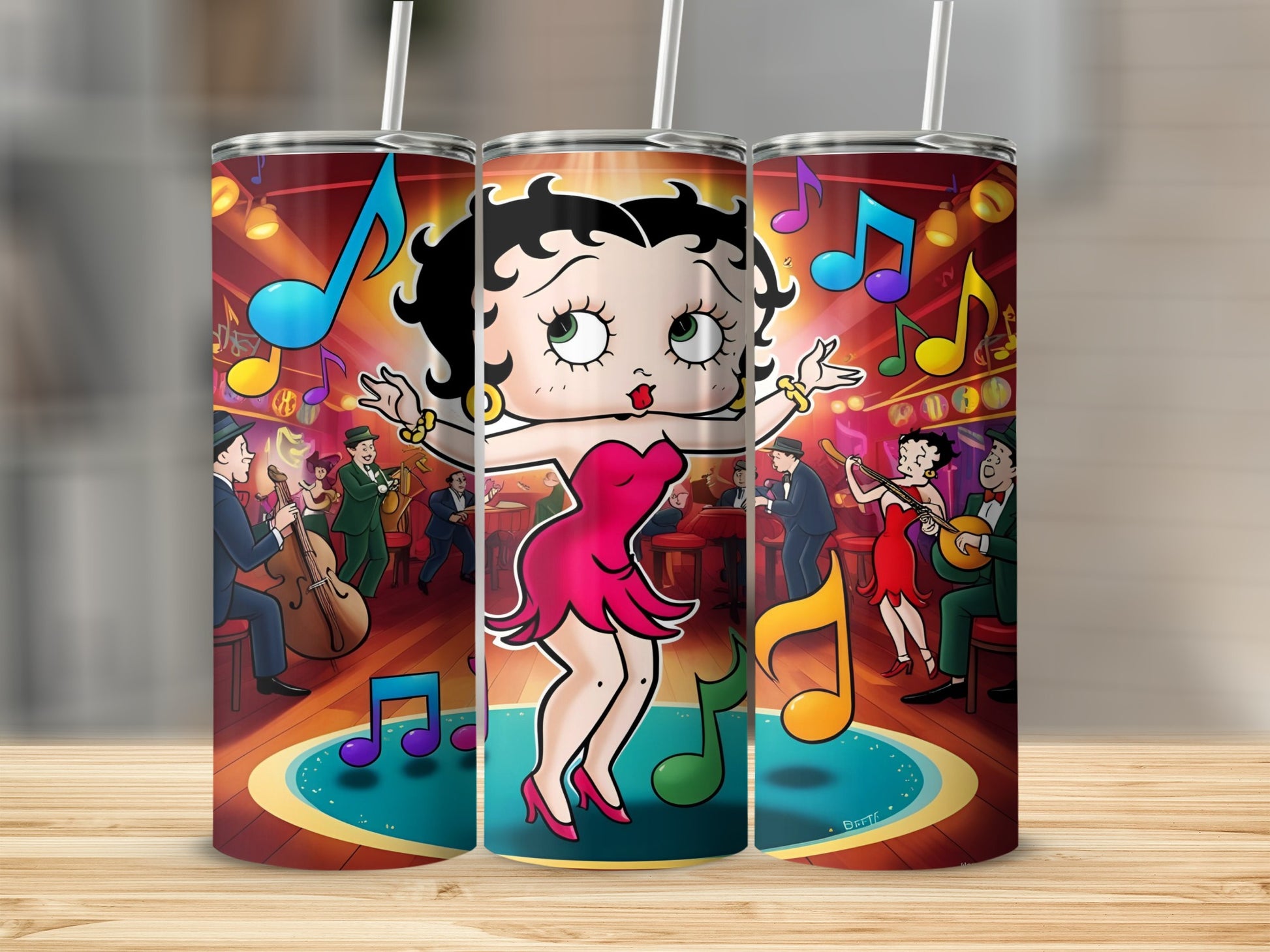 Betty Boop dancing in a jazzy nightclub with musicians and musical notes.
