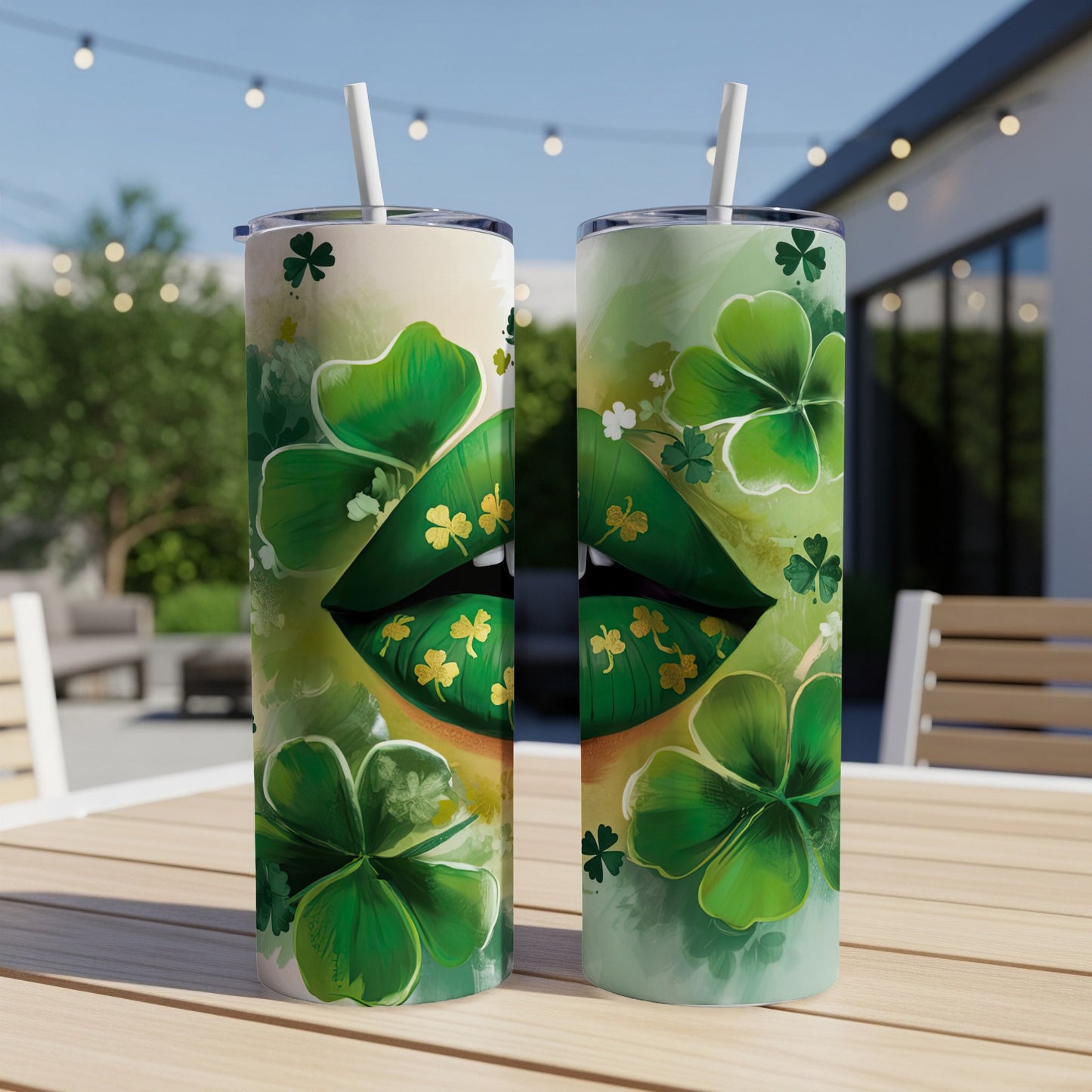Two Saint Patrick's Day themed tumblers with shamrocks and gold lips.