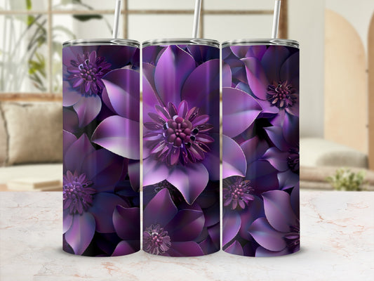 Three purple floral tumblers with straws, displayed on a marble surface.