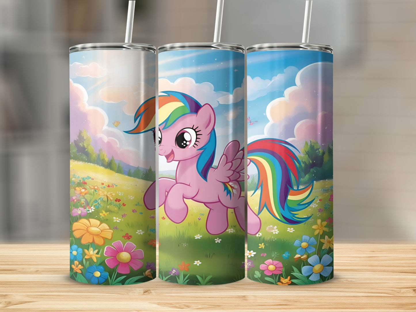 Rainbow Dash from My Little Pony on a colorful grassy field.