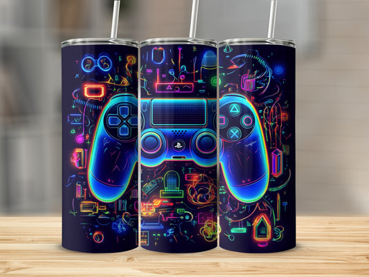 Gaming controller with neon circuit board design on navy blue tumbler.