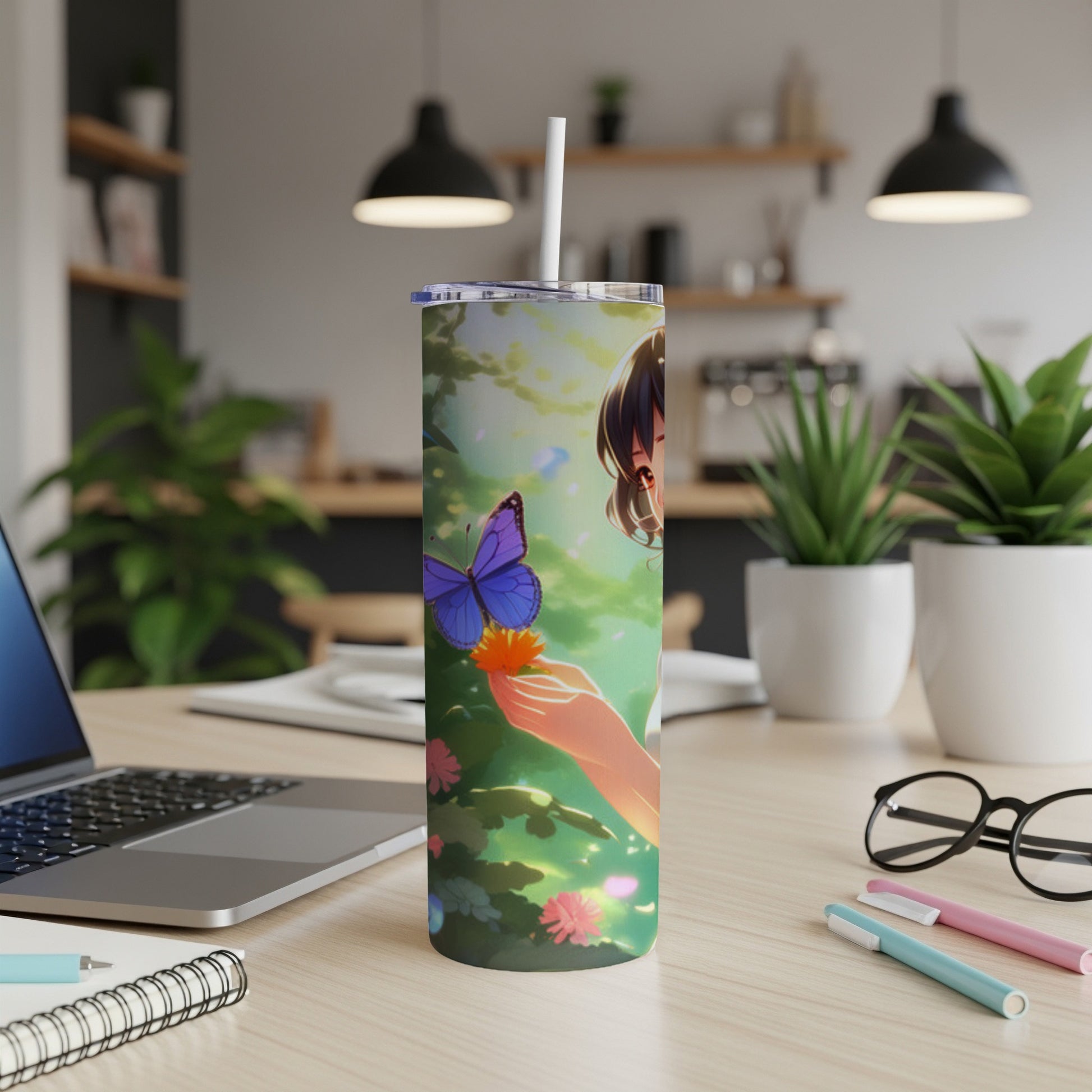 Anime girl holding a flower with a butterfly on a patterned tumbler.