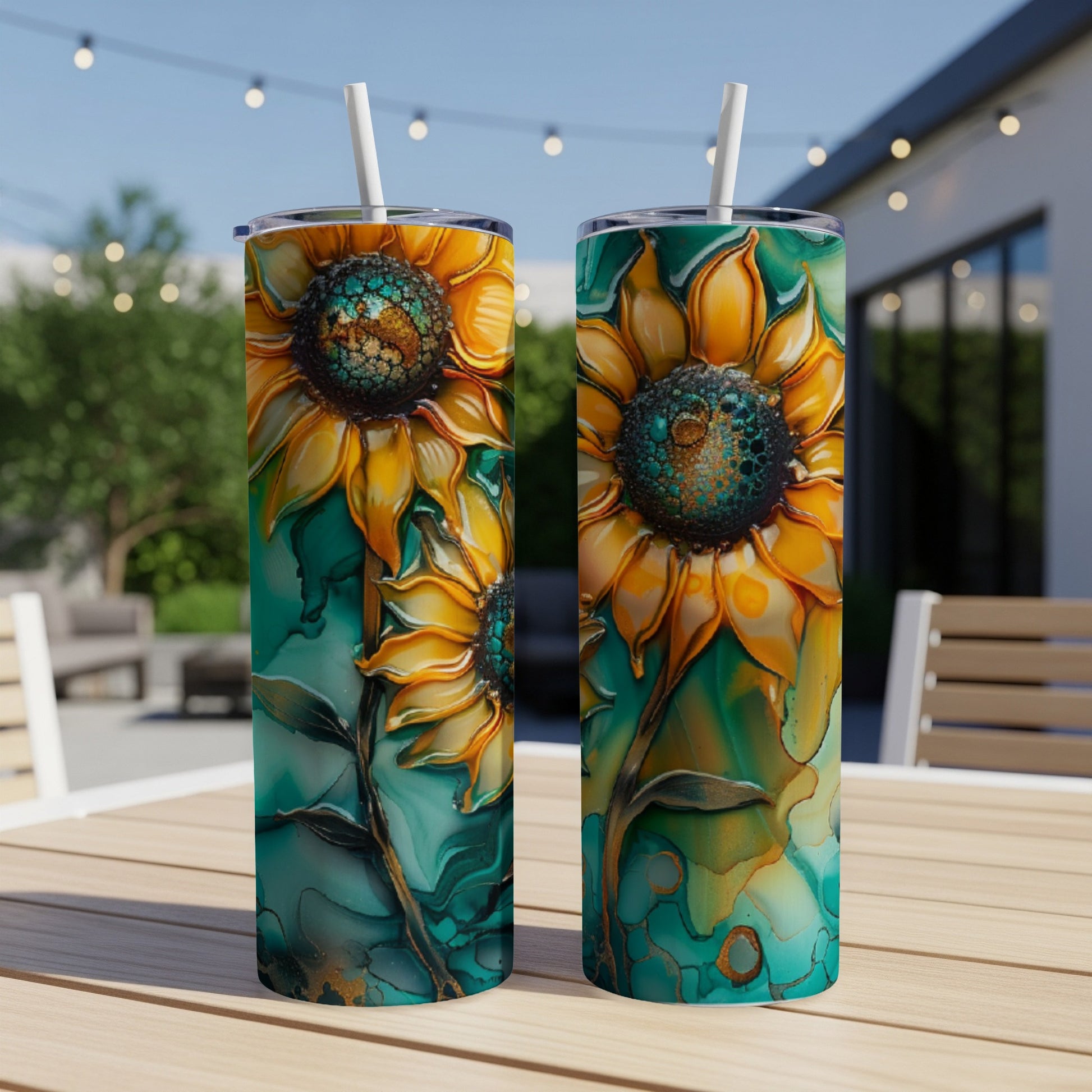 Two tall tumblers featuring vibrant, artistic sunflowers with teal and gold marbled backgrounds.