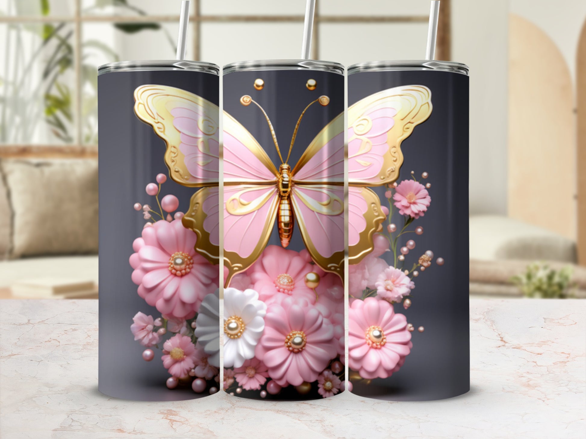 Pink and gold butterfly on flowers tumbler with straws.