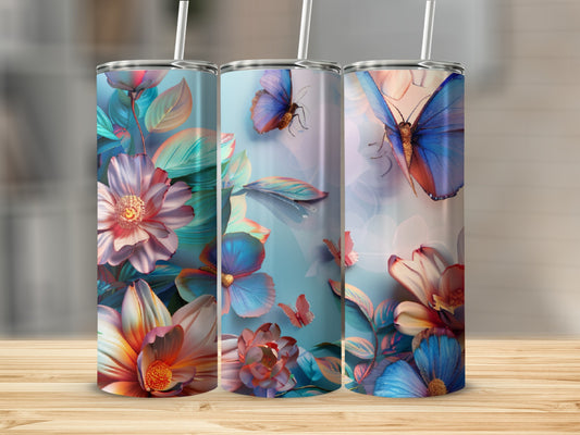 Three tumblers with colorful floral and butterfly designs.