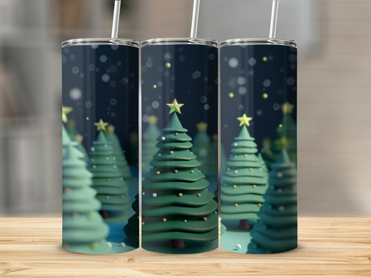 Three tumblers with a blurred forest of green Christmas trees and falling snow.