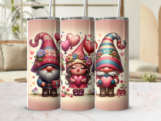 Three Valentine's Day tumblers featuring gnomes holding hearts and wearing patterned hats.