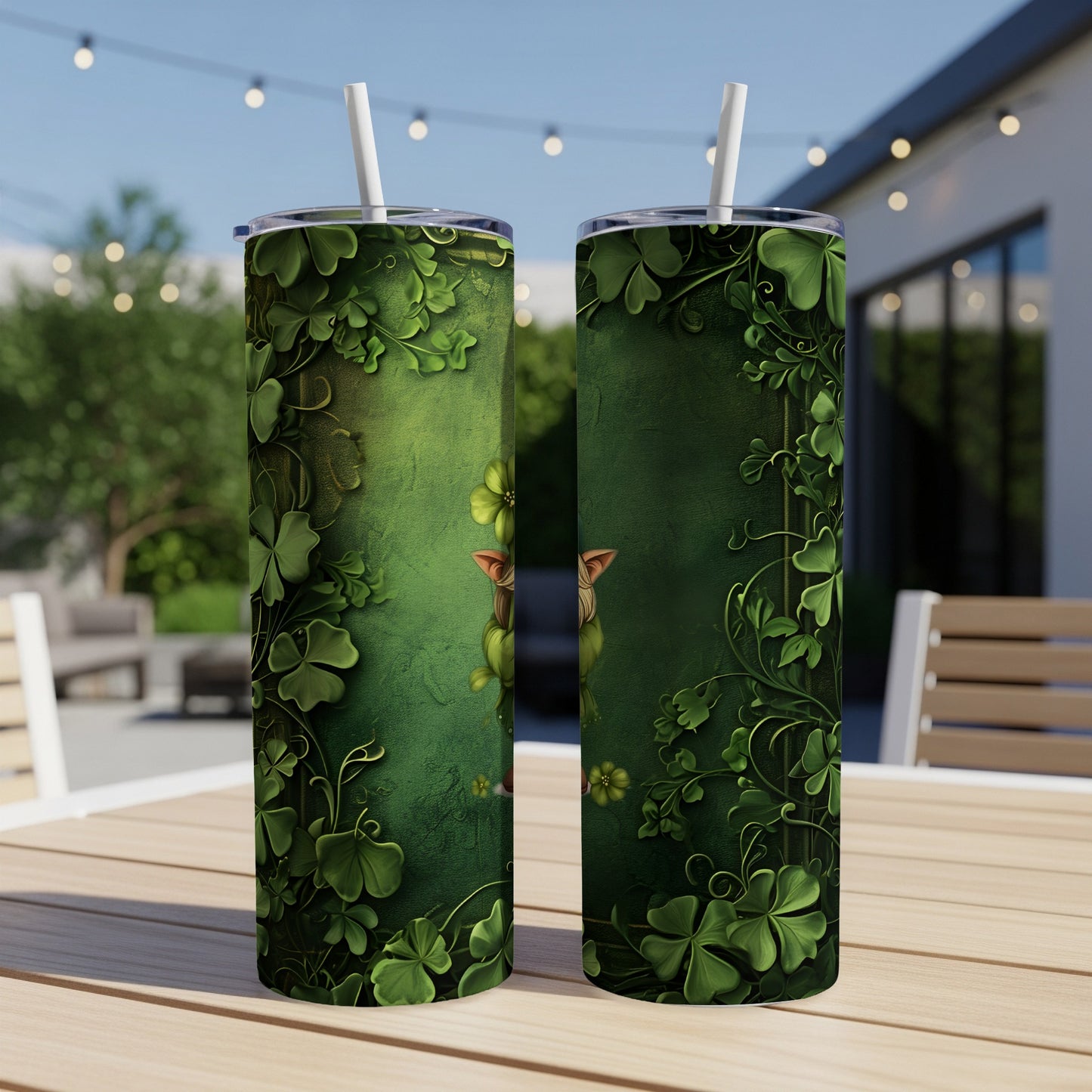 Two green tumblers with shamrock and vine pattern.