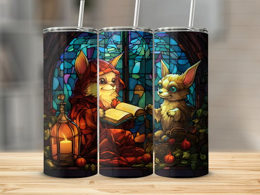 Three tumblers featuring whimsical animals reading and in nature, with stained-glass window backgrounds.