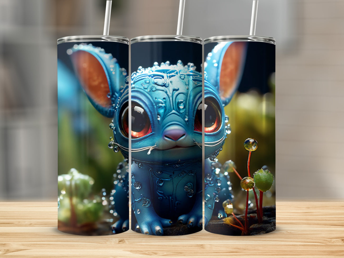 Blue alien creature with large eyes and blue bumpy skin, on a tumbler.
