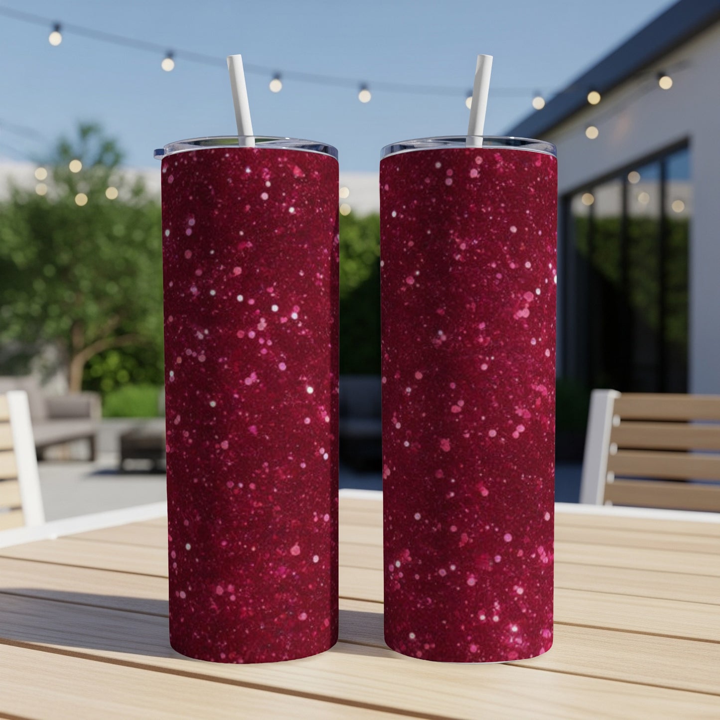Two dark pink glitter tumblers with straws on a wooden table outdoors.