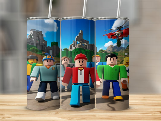 Roblox characters in a cityscape with a helicopter, on a tumbler.
