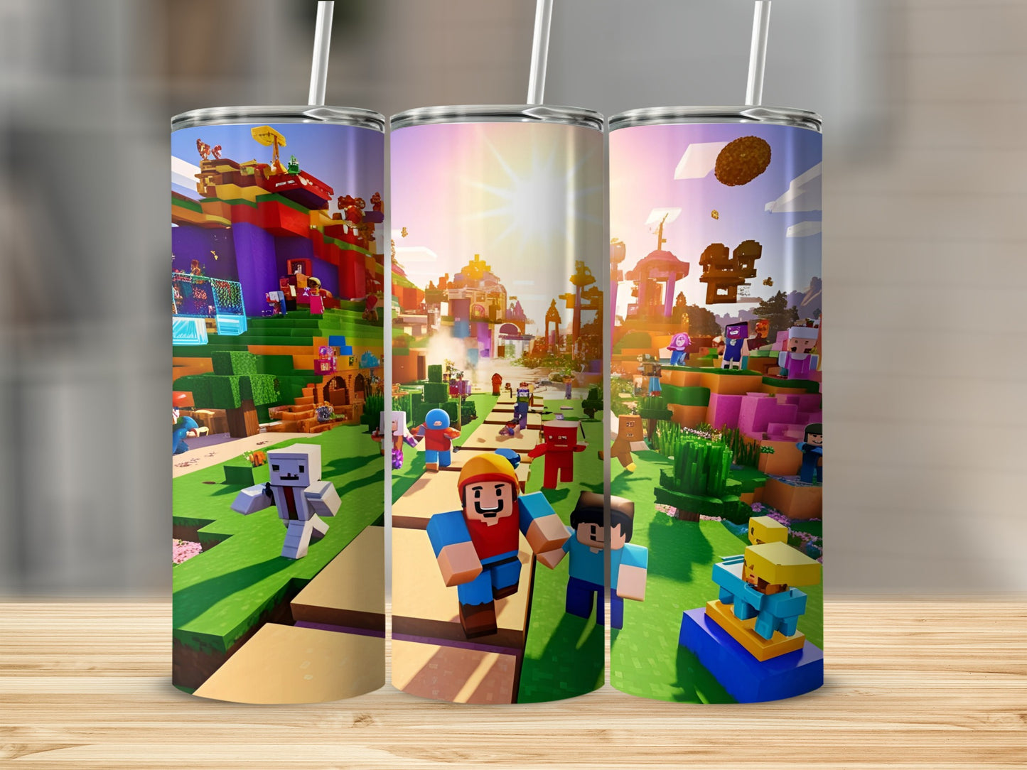 Minecraft world with blocky characters and vibrant scenery.