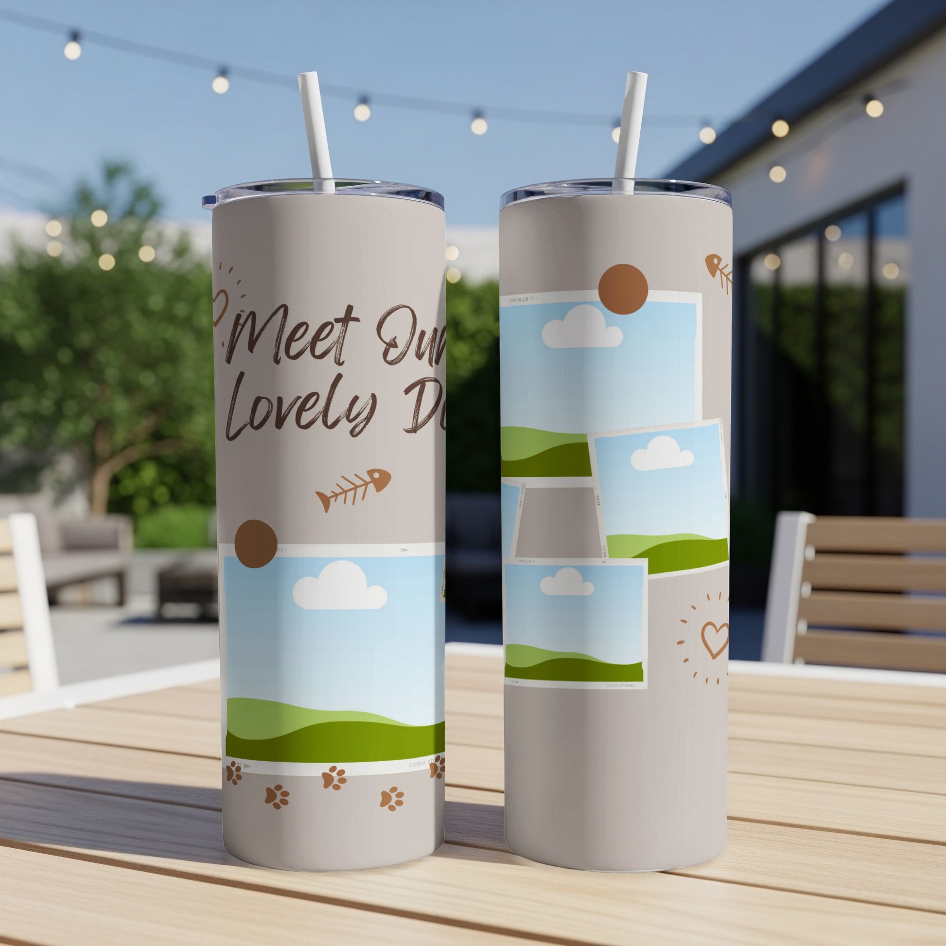 Two tumblers with a light brown design featuring a cat theme and photo collage.