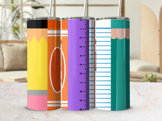 Three tumblers designed as school supplies: pencil, ruler, and notebook.