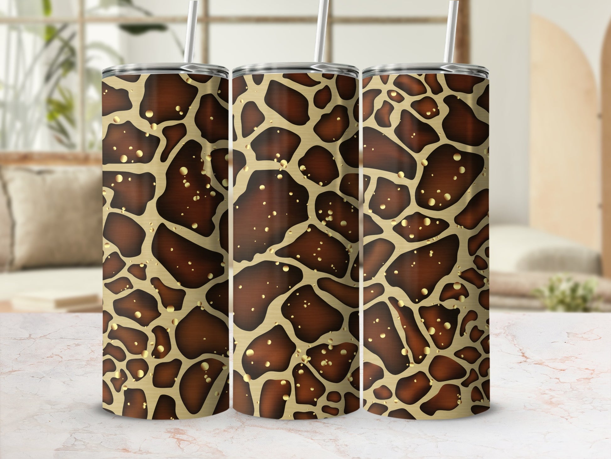 Giraffe Print Stainless Steel Tumbler Cup with Straw