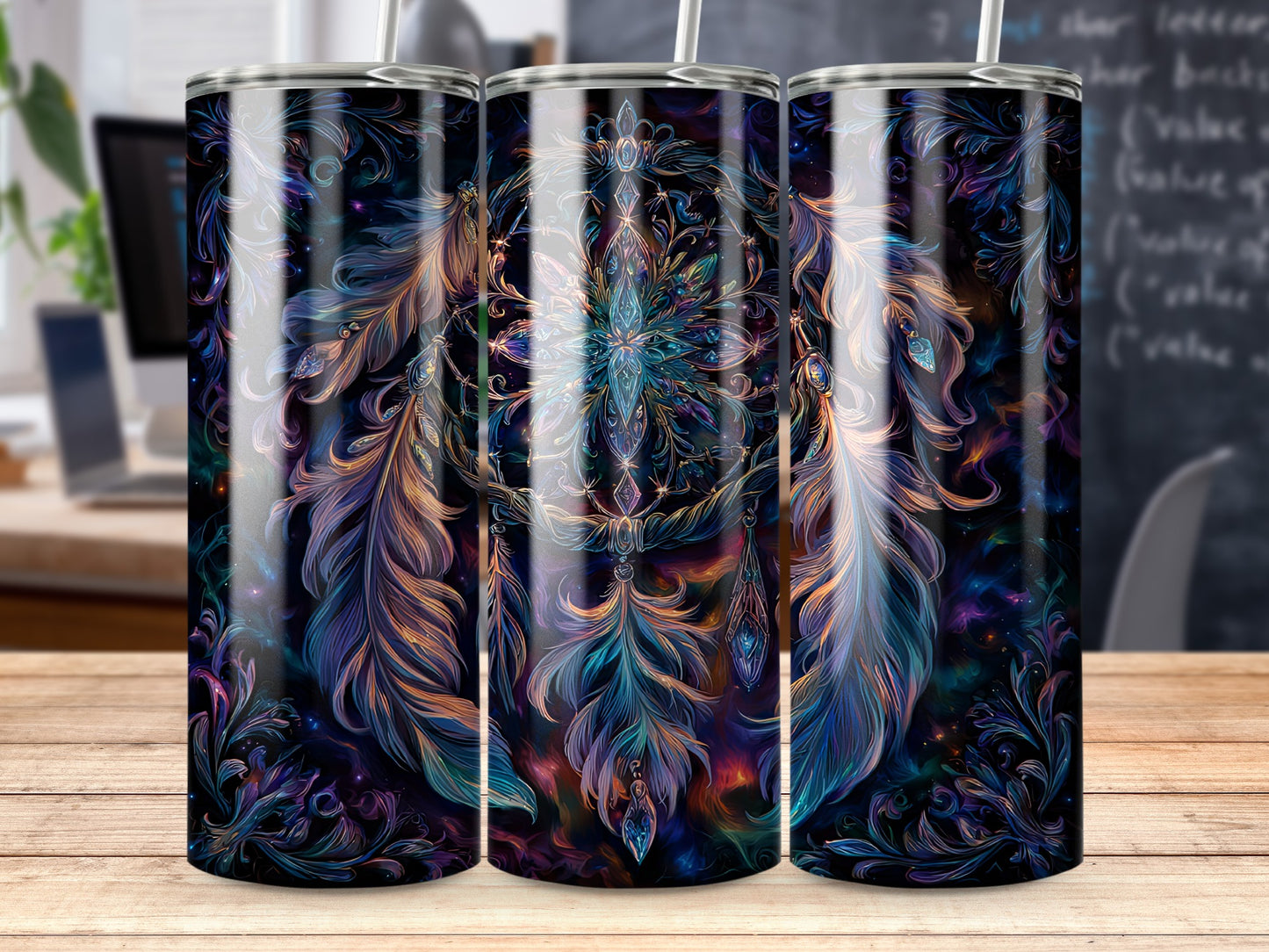 Dreamy Colorful Feather Design Tumbler for Cold Drinks