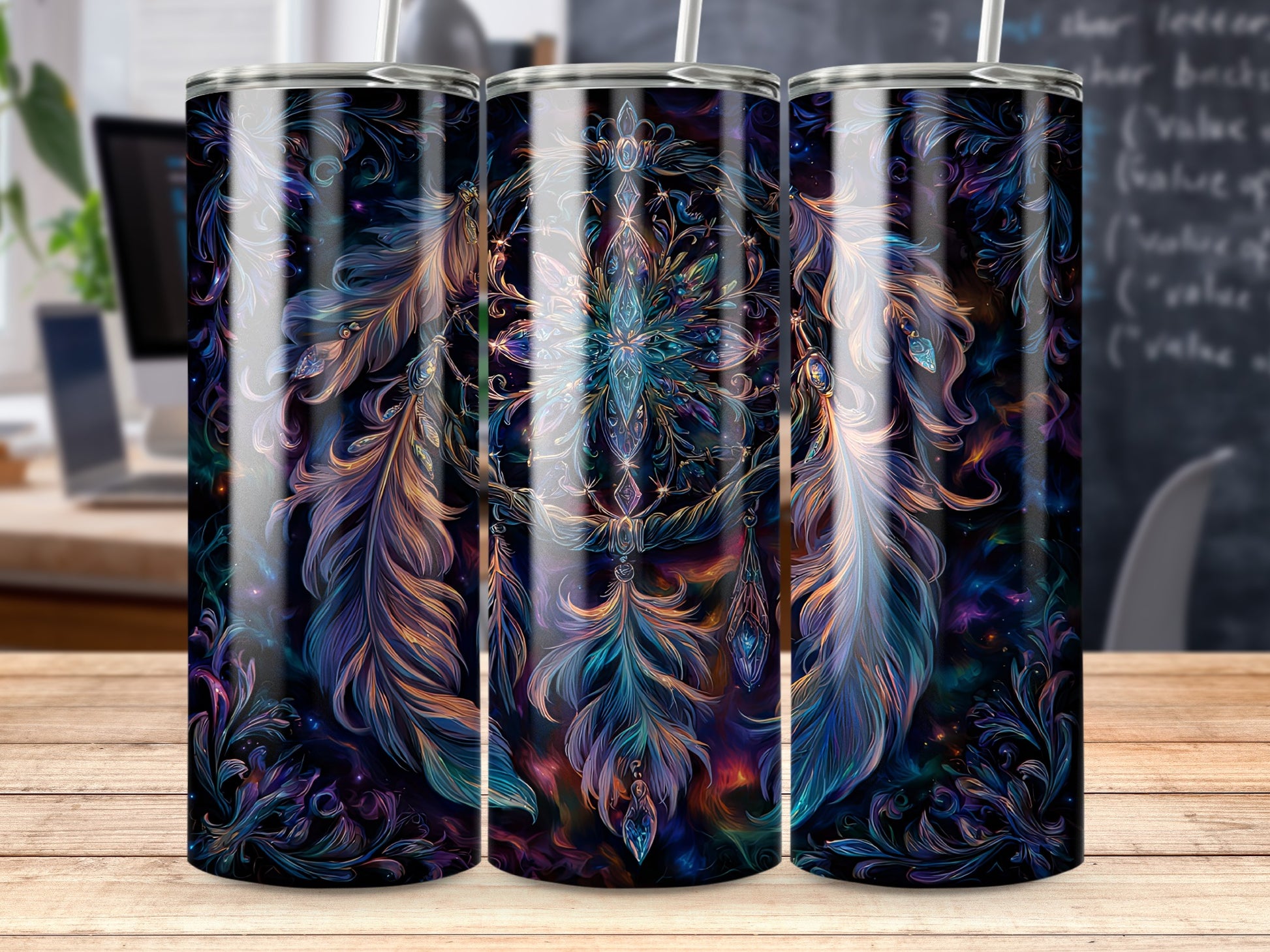 Dreamy Colorful Feather Design Tumbler for Cold Drinks
