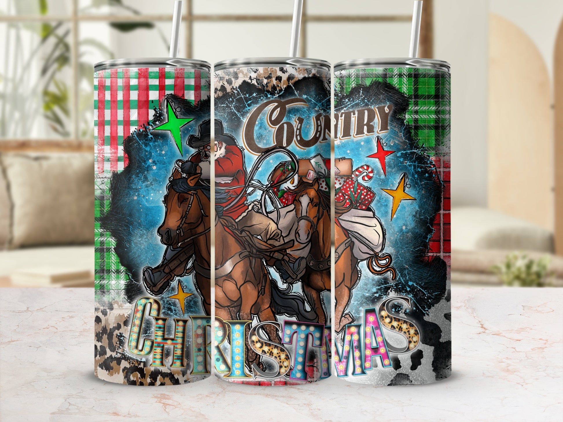 Cowboy Santa rides a horse on a distressed tumbler with "COUNTRY CHRISTMAS" text.