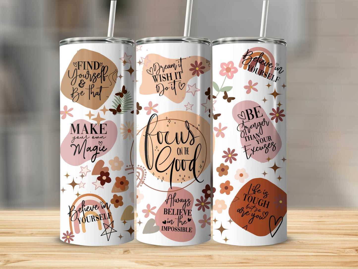 Motivational Quotes Floral Design Tumbler with Straw