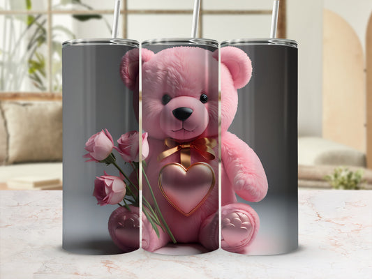 Cute Pink Teddy Bear with Roses Heart Shaped Gift Tumbler