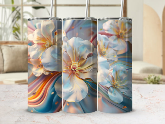 Three tumblers with floral design and colorful wavy abstract background.