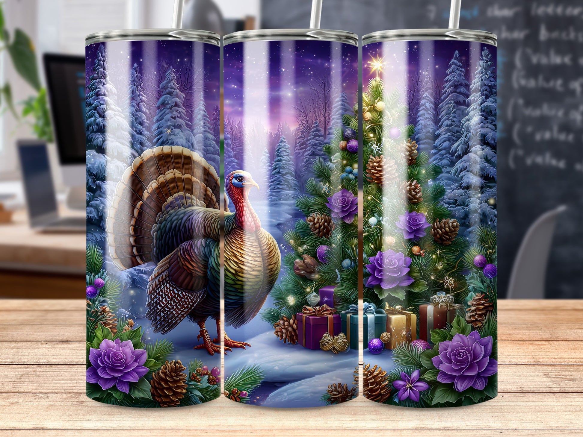 Festive Holiday Turkey and Christmas Tree Tumbler