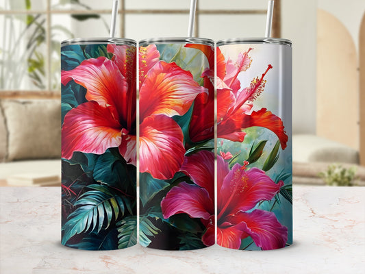 Three tall tumblers with vibrant red hibiscus flowers and tropical leaves.
