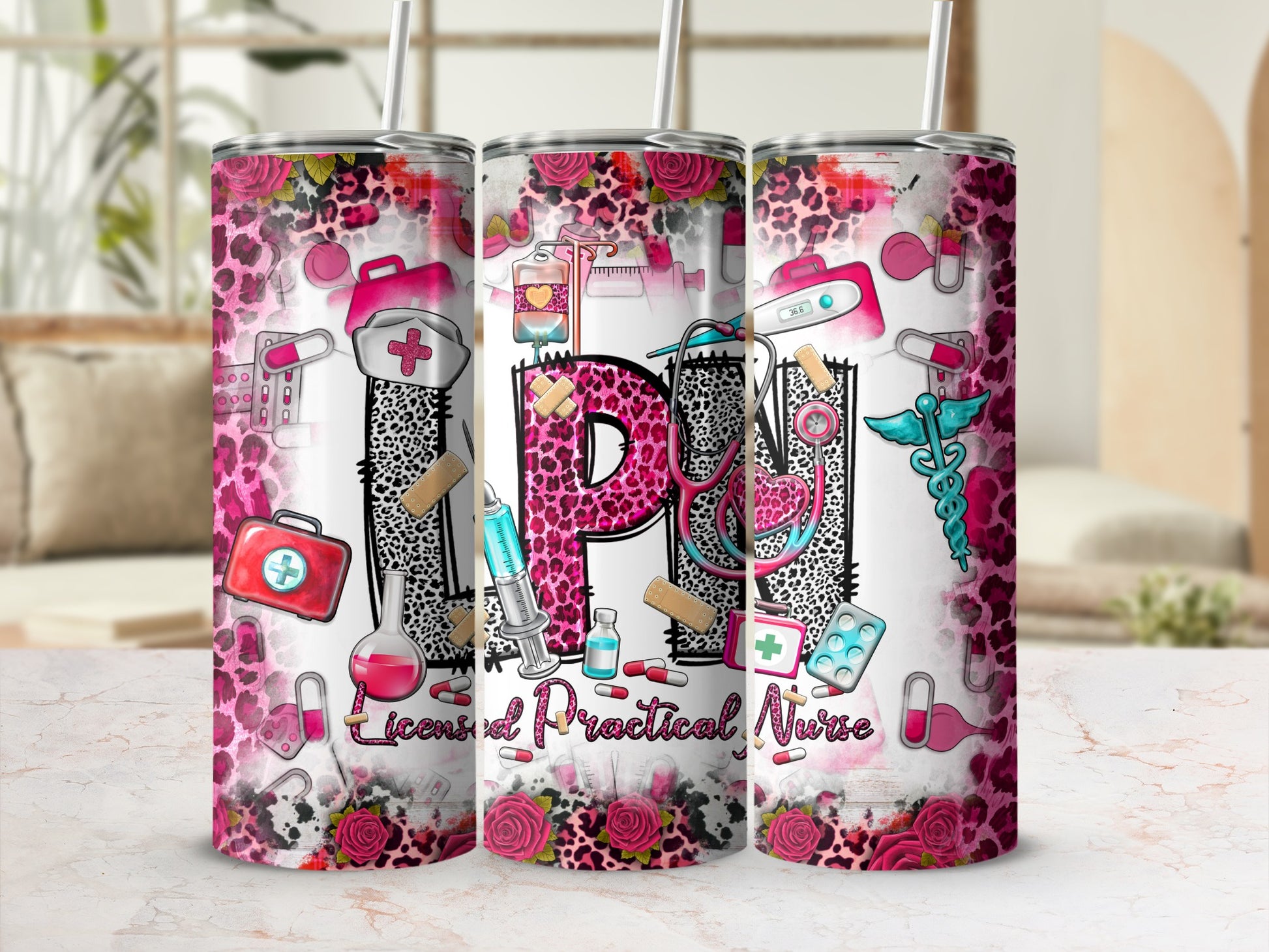 Pink leopard print tumbler with nursing and medical graphics.