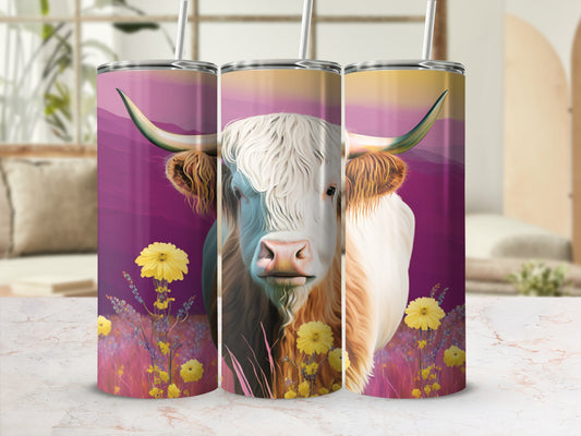 Highland cow illustration with yellow flowers and purple mountains on a tumbler.