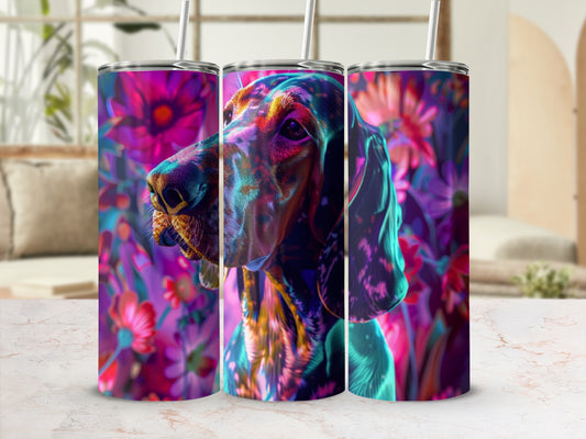 Tumbler with abstract floral pattern and dog portrait.