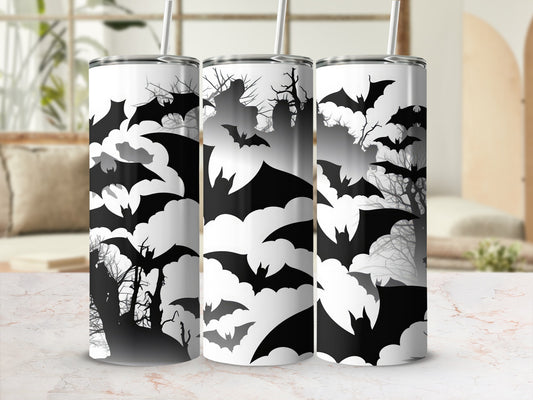 Three tumblers with black bats and bare trees on a white background.