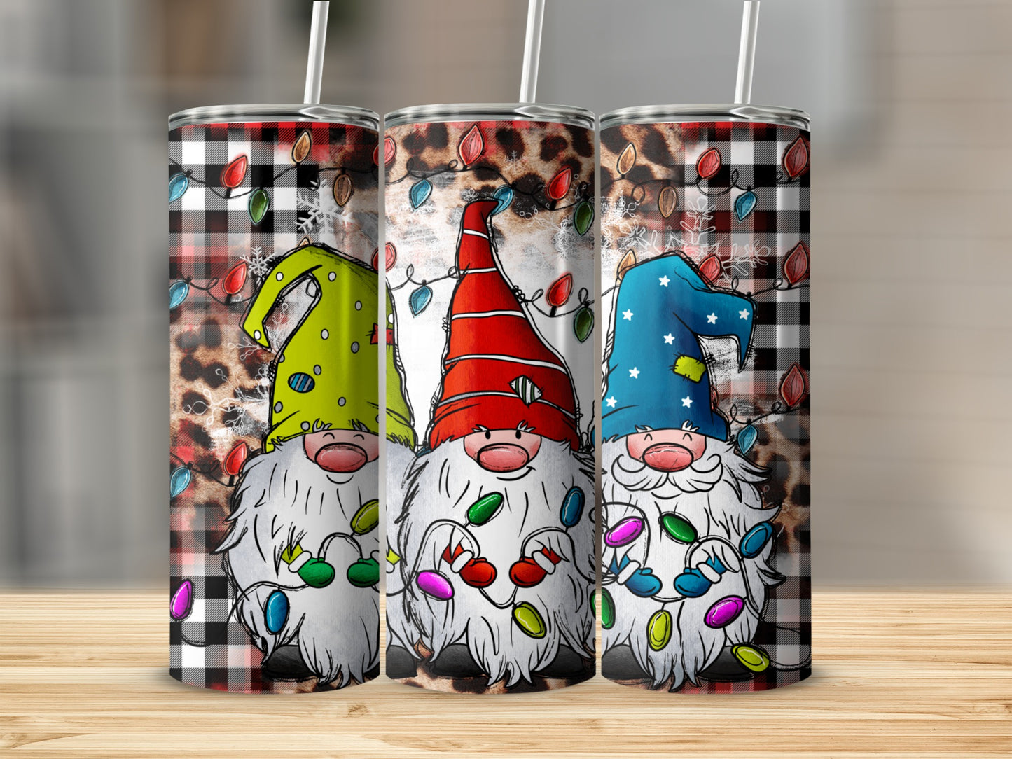Three gnomes with Christmas lights, plaid, and leopard print designs.