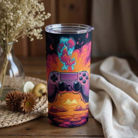 Vibrant Gaming Controller and Sci-Fi Art Tumbler