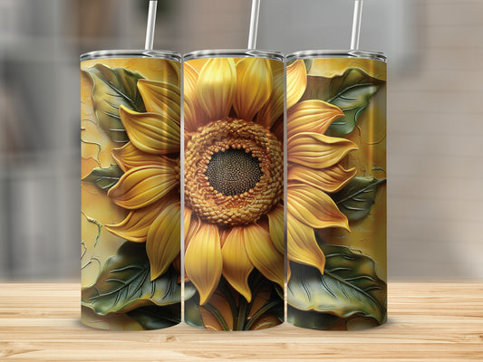 Three sun-themed tumblers with embossed sunflower designs stand on a wooden surface.