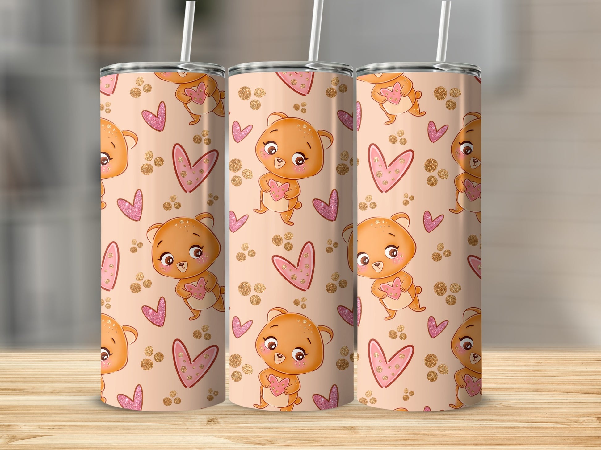 Cute Cartoon Bears and Hearts Design Insulated Tumbler