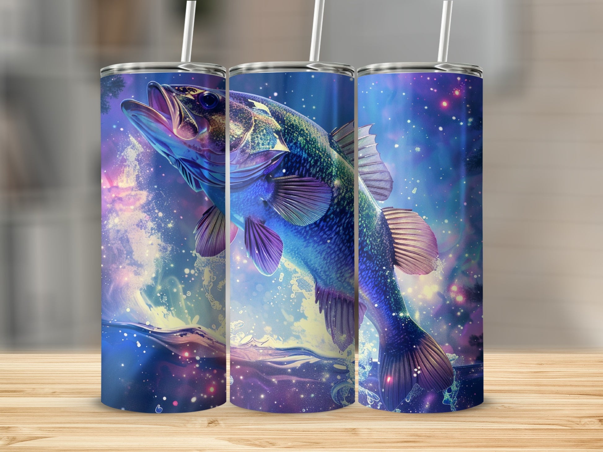 Bass fish jumping from water with cosmic background, shown on three tumblers.