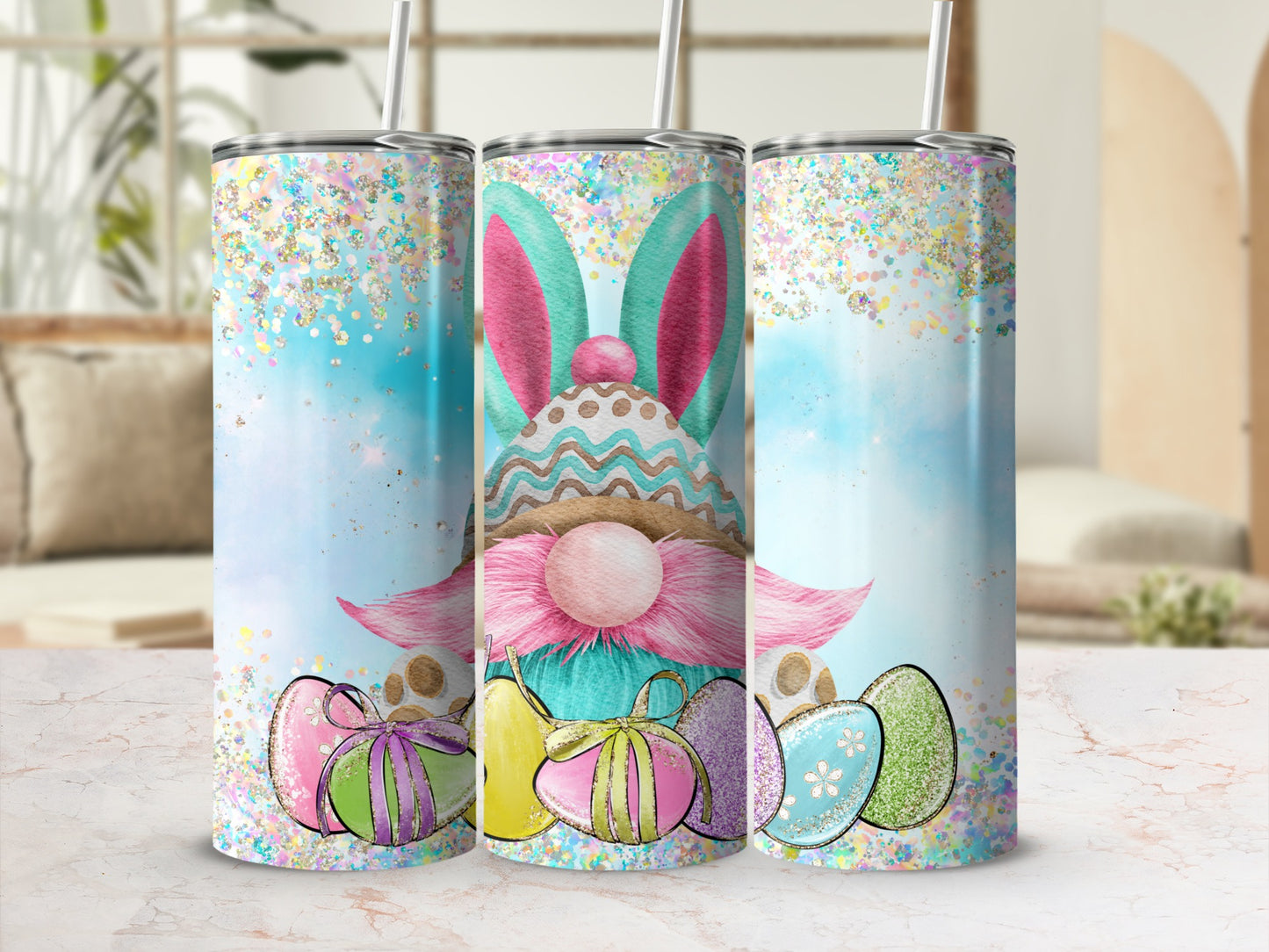 Glittery tumbler with Easter gnome and colorful eggs against a soft blue background.