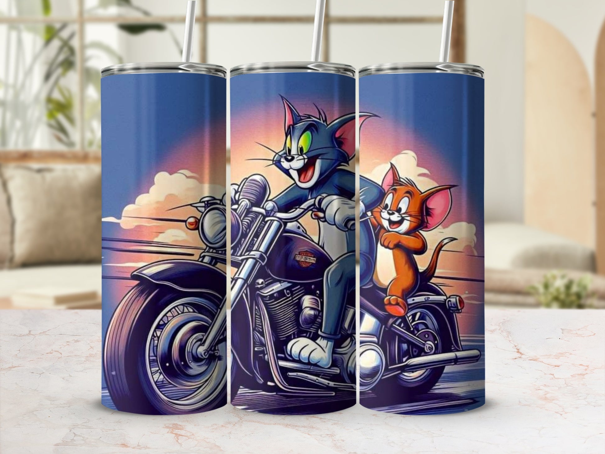 Tom and Jerry Riding Motorcycle Tumbler Cup 20oz