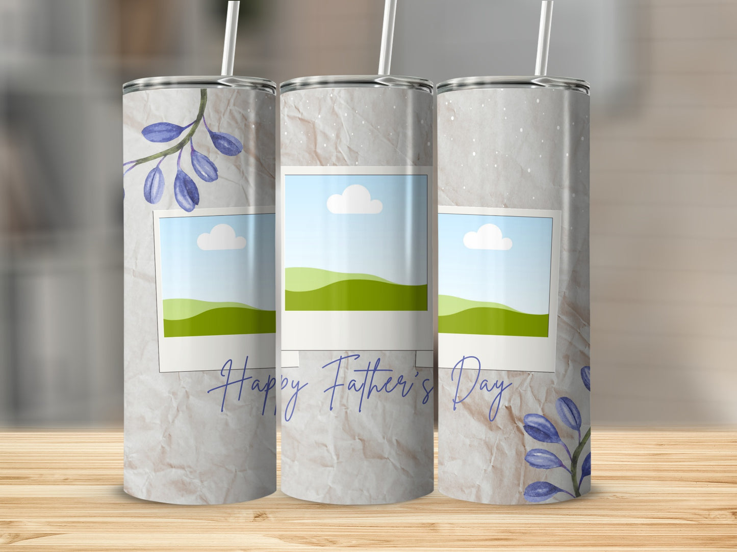 Three tumblers with a textured background, blue floral accents, and "Happy Father's Day" text.