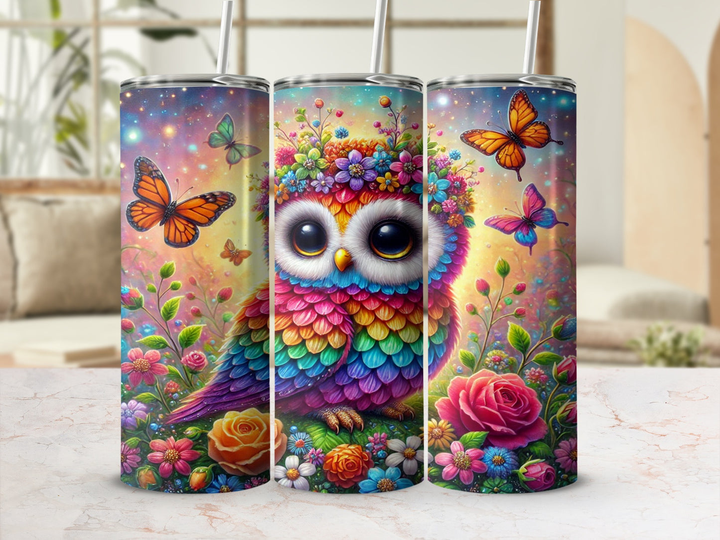 Colorful Owl and Butterfly Design Tumbler Cup