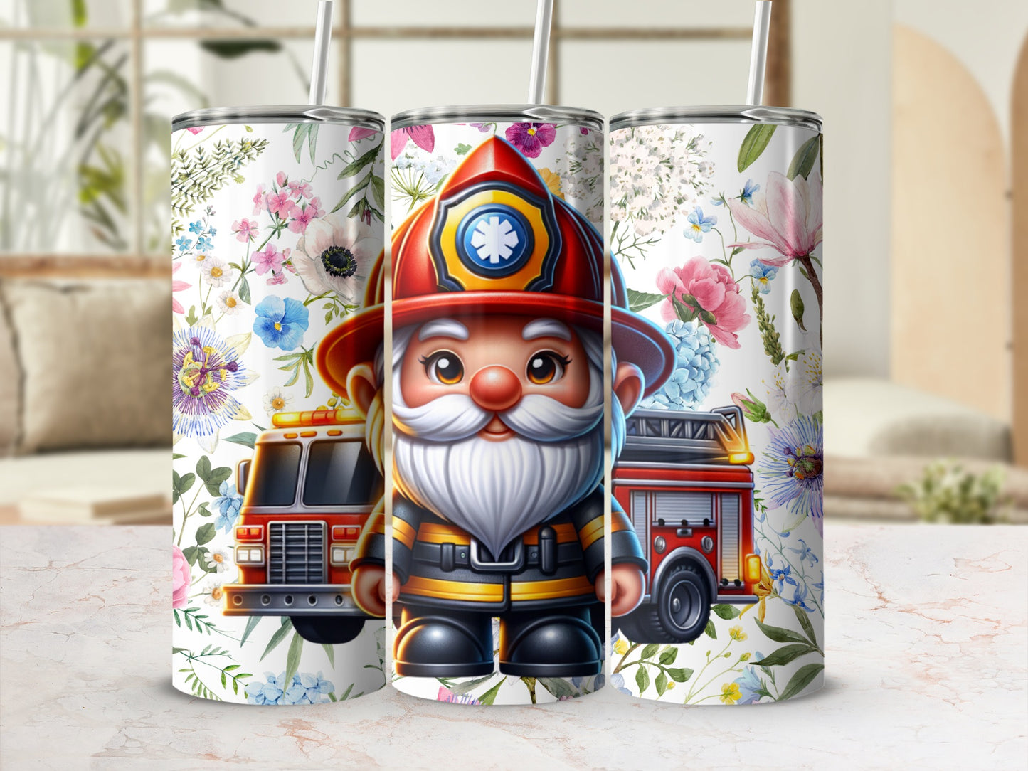 Adorable Firefighter Gnome and Floral Design Tumbler