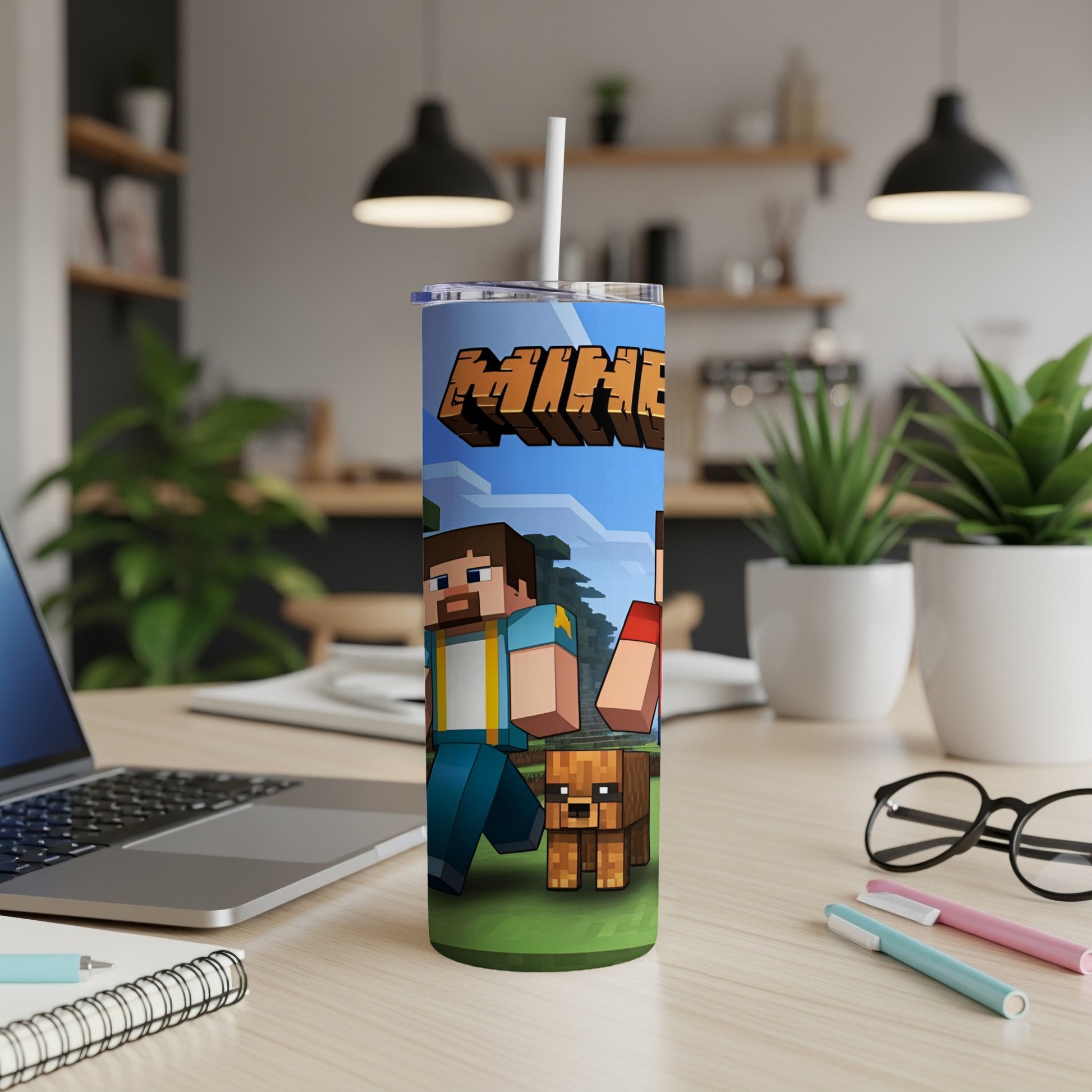 Minecraft characters Steve and a dog on a tumbler.