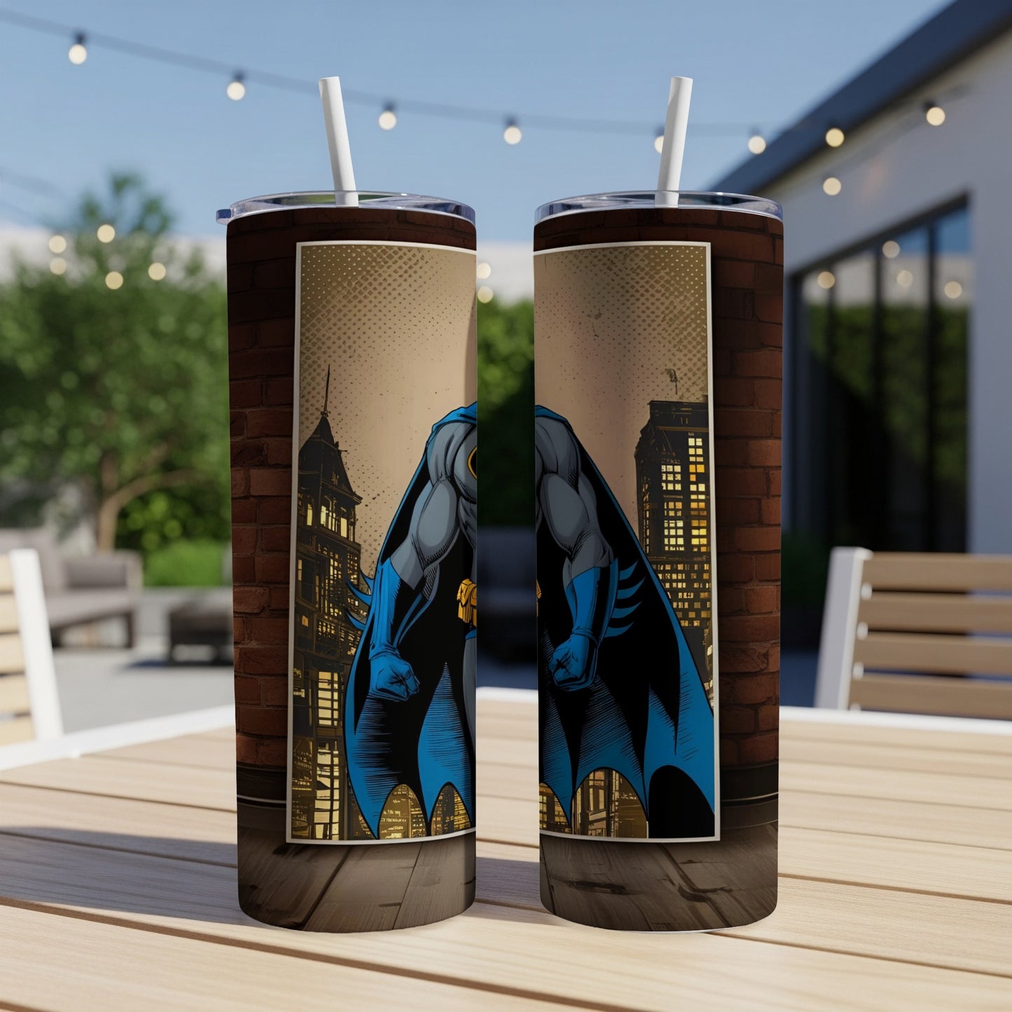 Batman illustration on a double-sided tumbler with brick background.