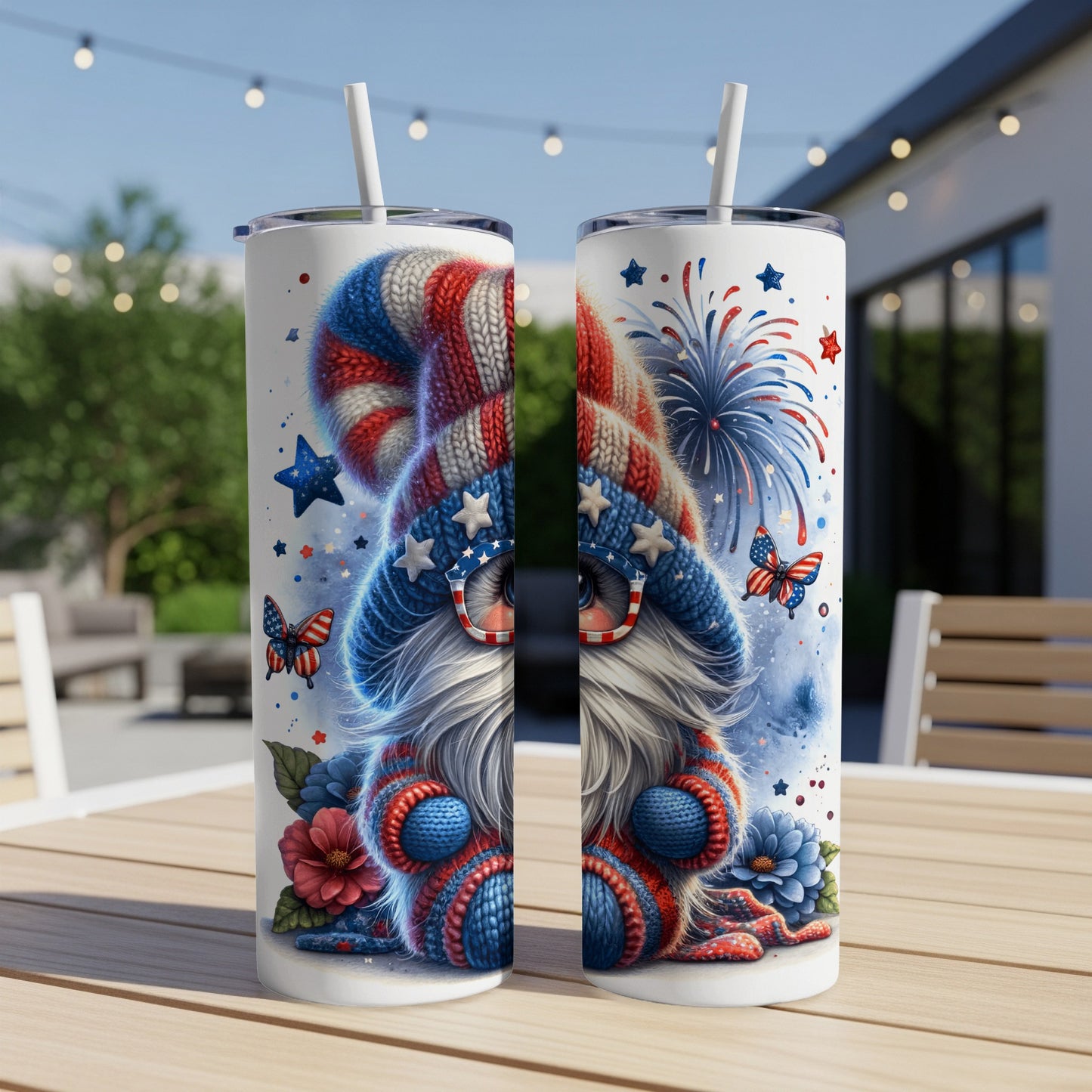 Gnome wearing patriotic hat and glasses with fireworks and butterflies.