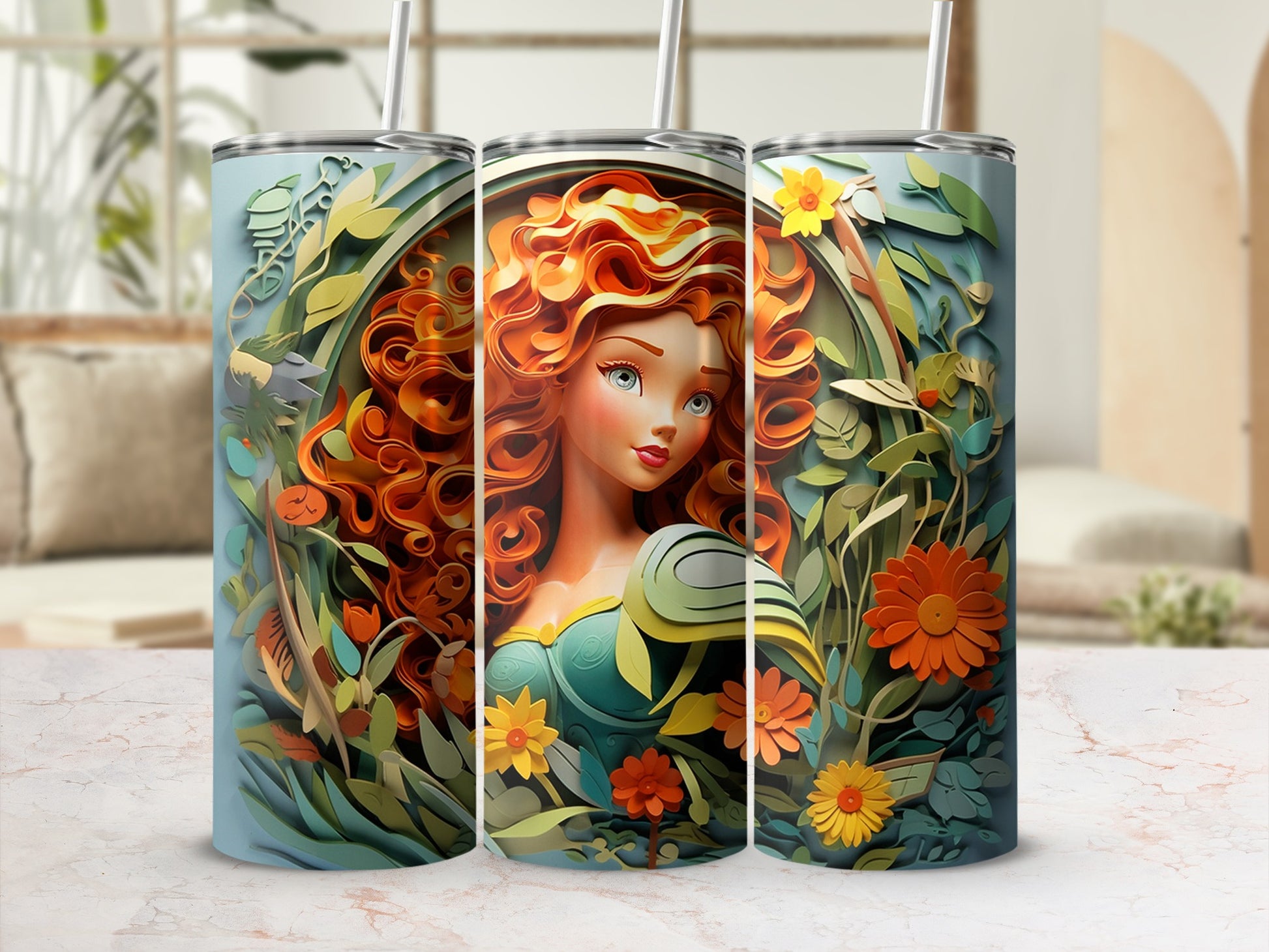 Enchanting Redhead Illustration Floral Design Tumbler