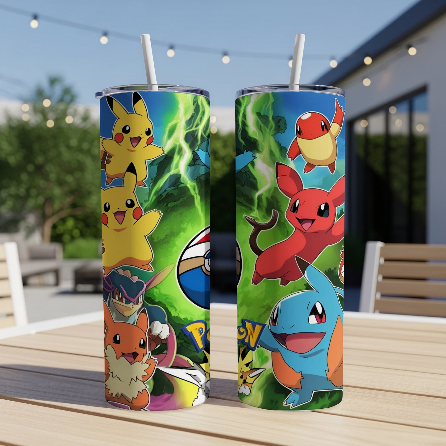 Pokemon characters Pikachu, Charmander, Squirtle, and others on a green, lightning-themed tumbler.