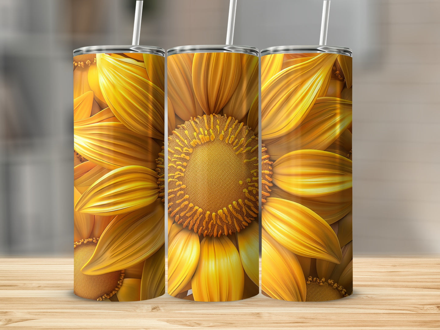Three tumblers with a close-up sunflower petal design.