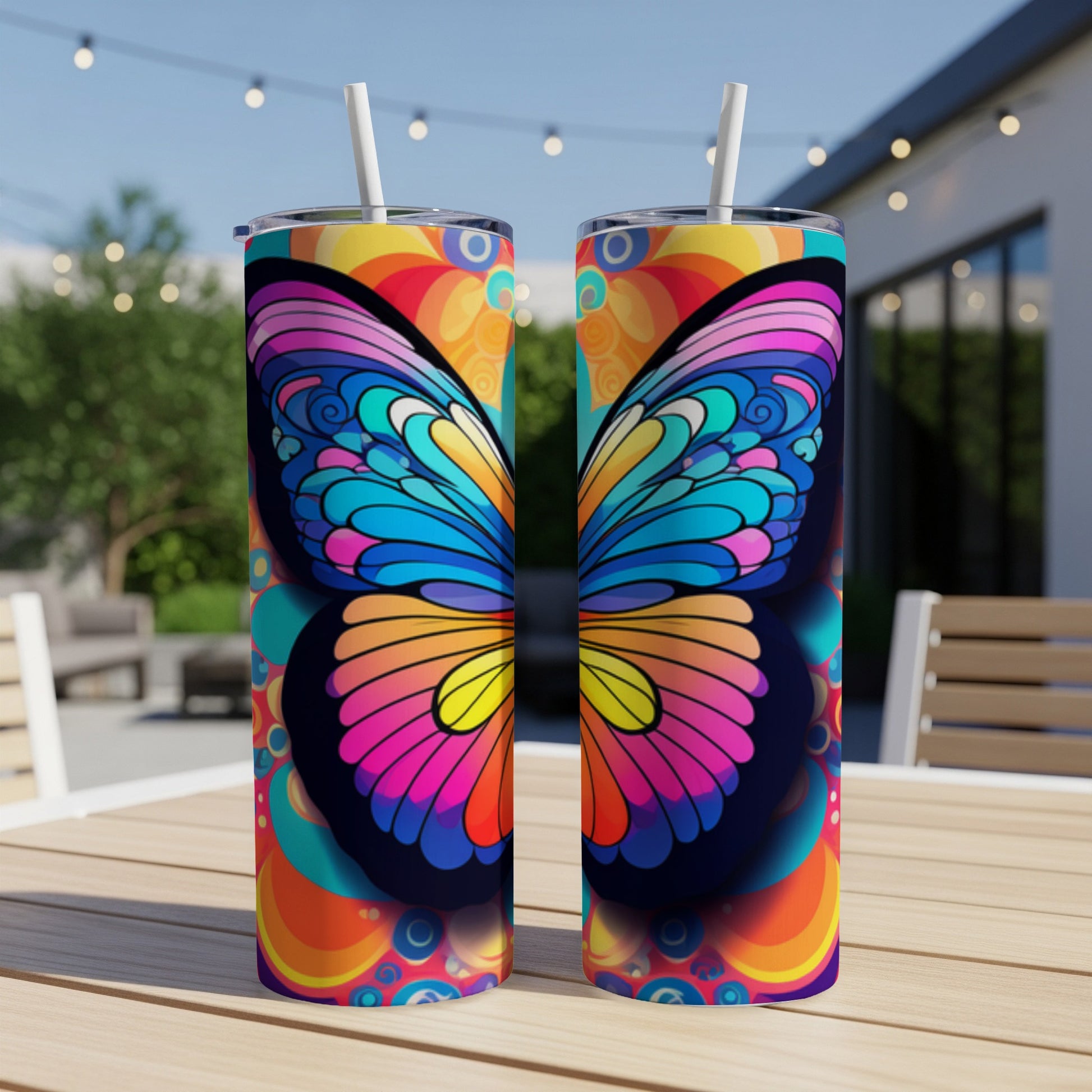 Two tall tumblers with colorful butterfly and floral patterns.