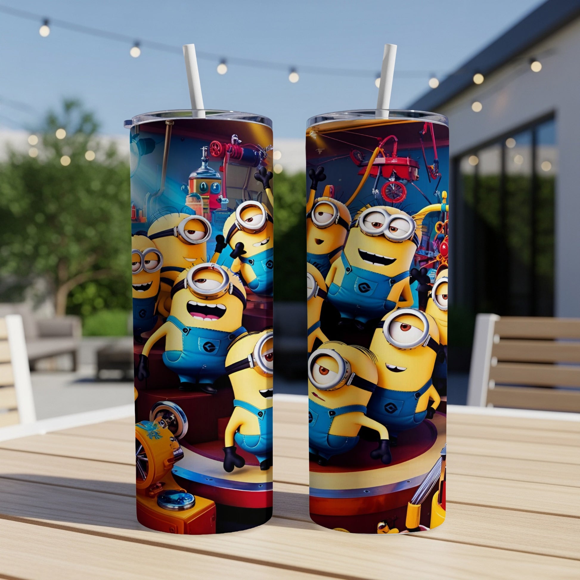 Minions cartoon characters on a blue and yellow patterned tumbler.